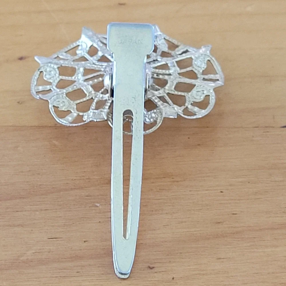 Vintage JAPAN Filigree Flower Hair Clip Smoky Rhinestone Silver Tone